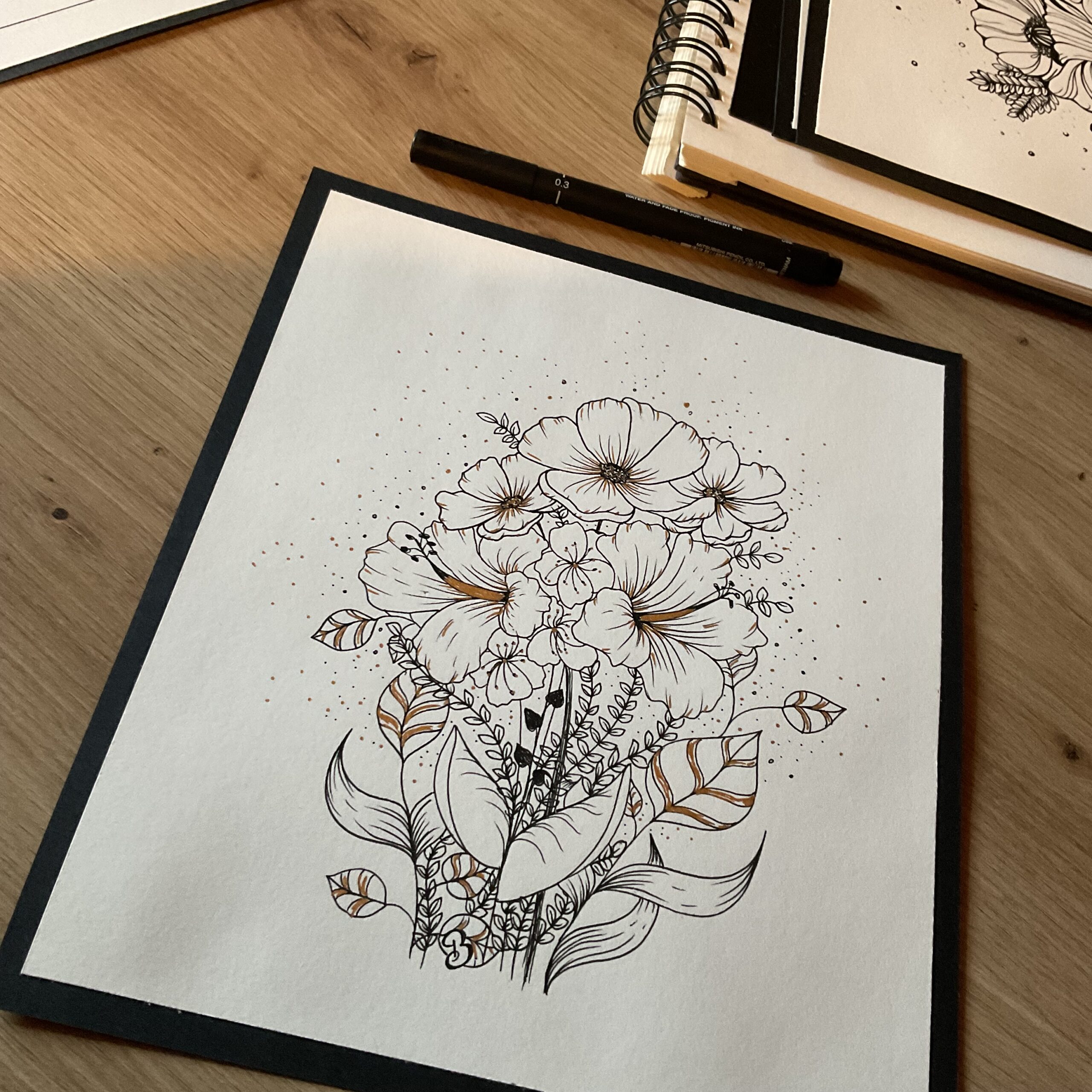 Bouquet sauvage aux reflets doré dessin feutre Bérénice Artiste Créatrice française peintre 71 Saône-et-Loire