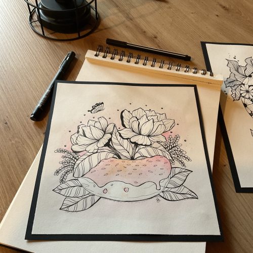 Gourmandise fleurie aquarelle et dessin feutre Bérénice Artiste Créatrice française peintre 71 Saône-et-Loire